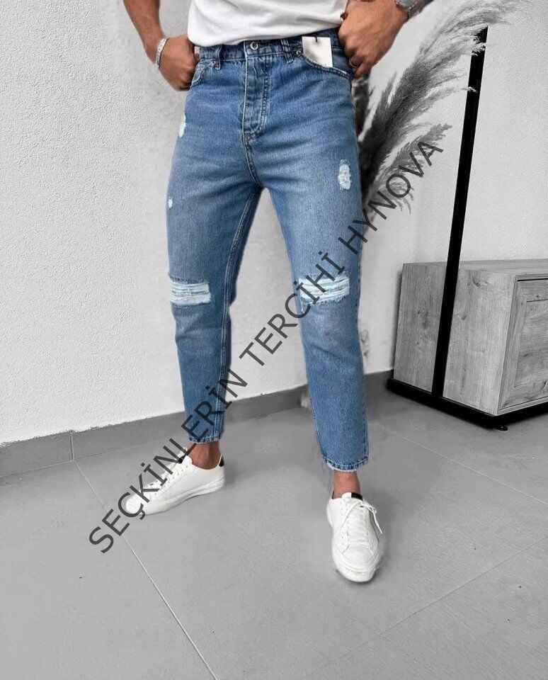 Erkek Mavi Yırtık Detaylı Mom Jean