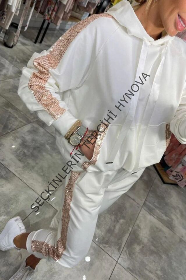 Kadın Uzun Kollu Kapşonlu Pulpayet Detay Viskon Iki Iplik Bluz Ve Pantolon Ikili Takım