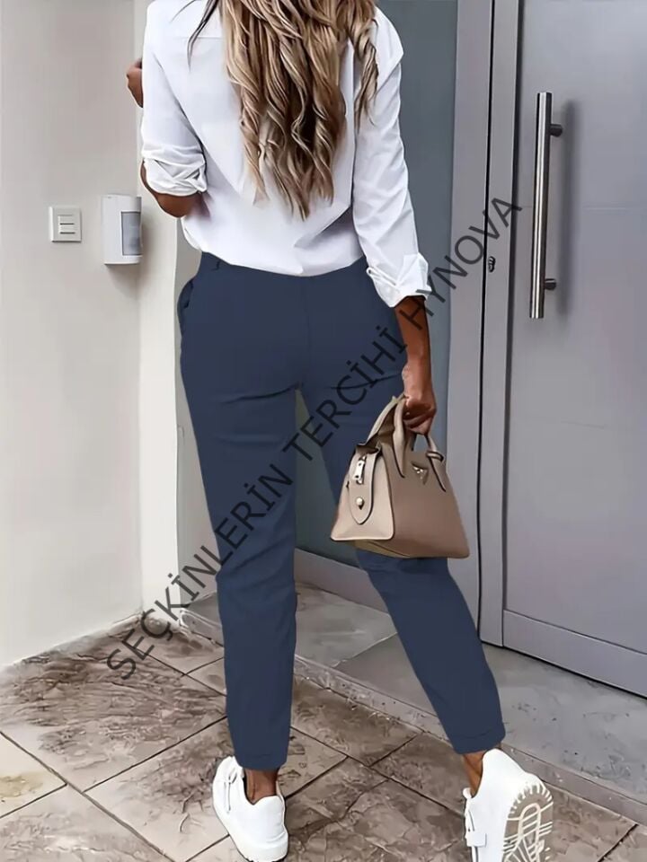 Kadın Yüksek Bel önden Düğmeli Cepli Bilek Lastik Detay Atlas Pantolon