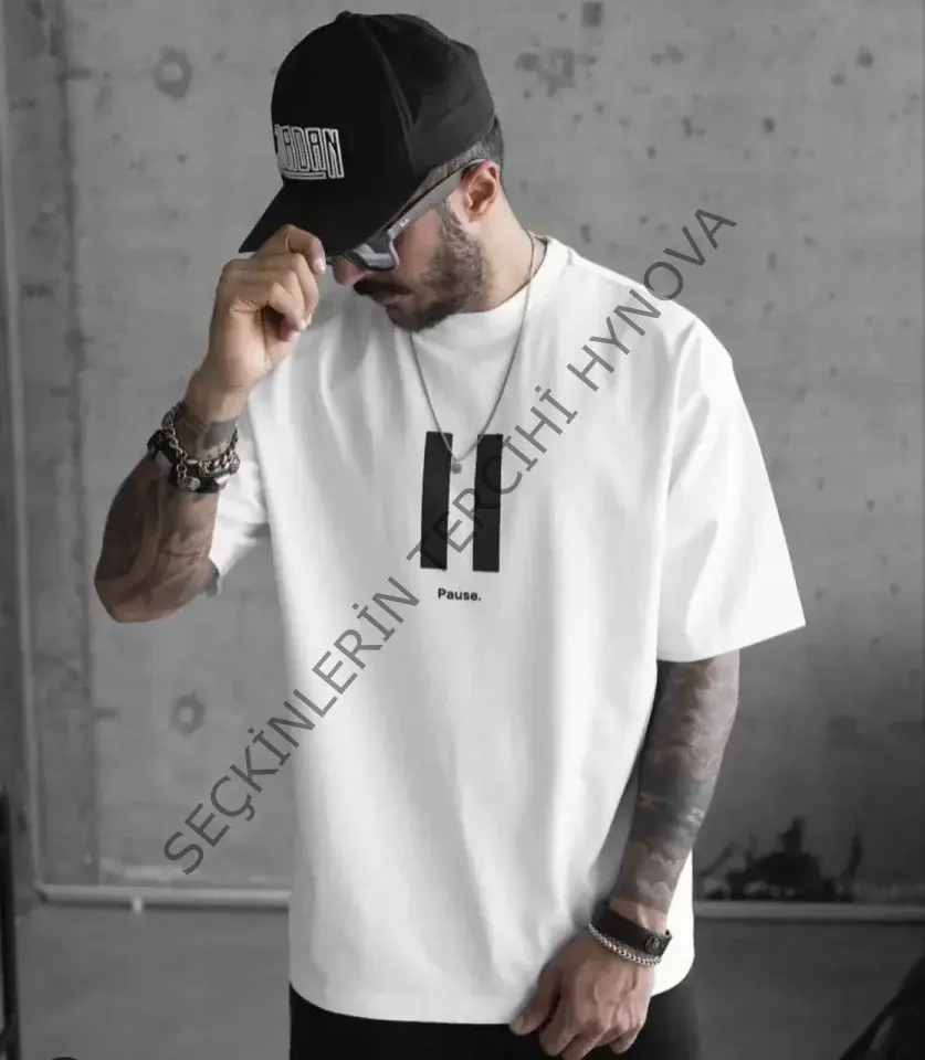 Unisex Bisiklet Yaka Baskılı Oversize T-Shirt - Beyaz