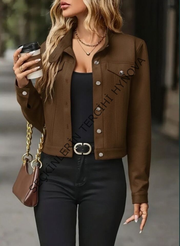 Kadın Uzun Kollu önden Düğmeli Kısa Süet Ceket