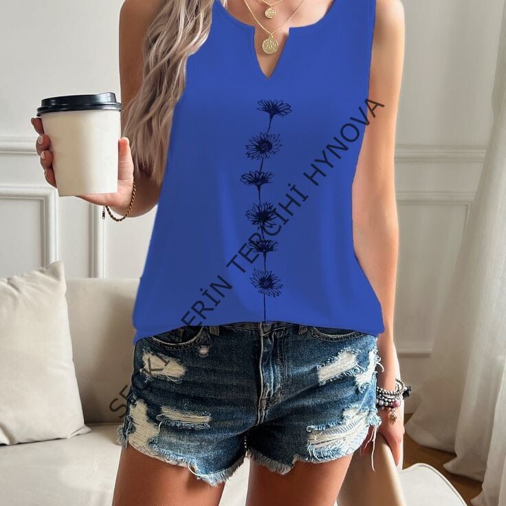 Kadın V Yaka Su Yolu çiçek Baskı Kolsuz Viskon Bluz