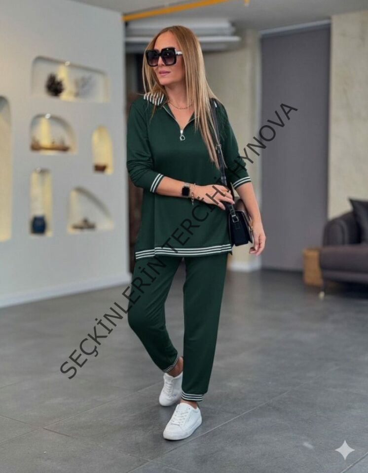 Kadın Uzun Kollu Fermuarlı şerit Detay Desenli Alt üst Ikili Viskon Iki Iplik Takım