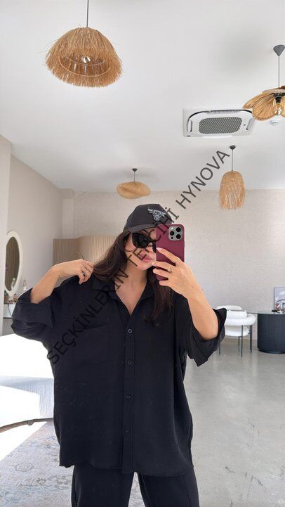 Kadın Flamlı Keten Tek Cep Oversızed Gömlek