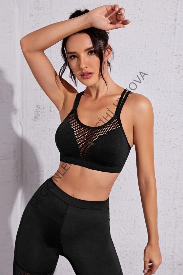 Kadın Siyah Fileli Crop Top Büstiyer – Modern ve Şık Tasarım