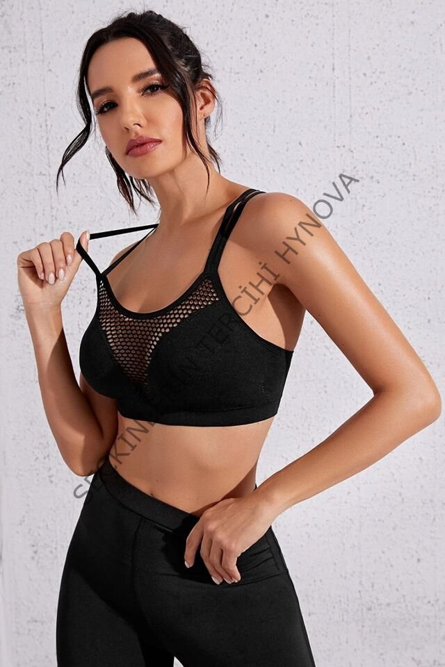 Kadın Siyah Fileli Crop Top Büstiyer – Modern ve Şık Tasarım