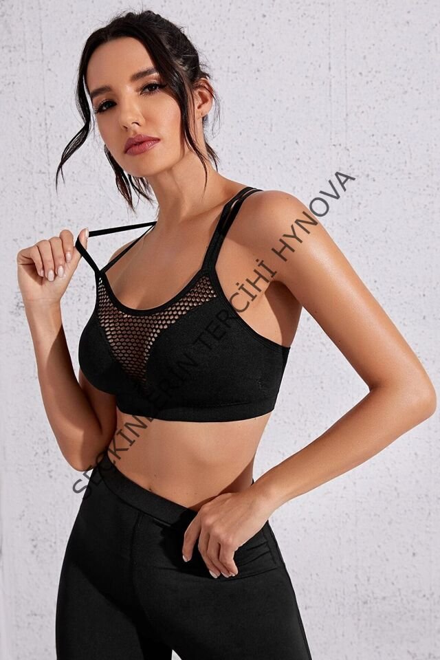 Kadın Siyah Fileli Crop Top Büstiyer – Modern ve Şık Tasarım