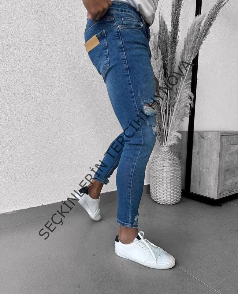 Erkek Mavi Yıkama Detaylı Skinny Jean