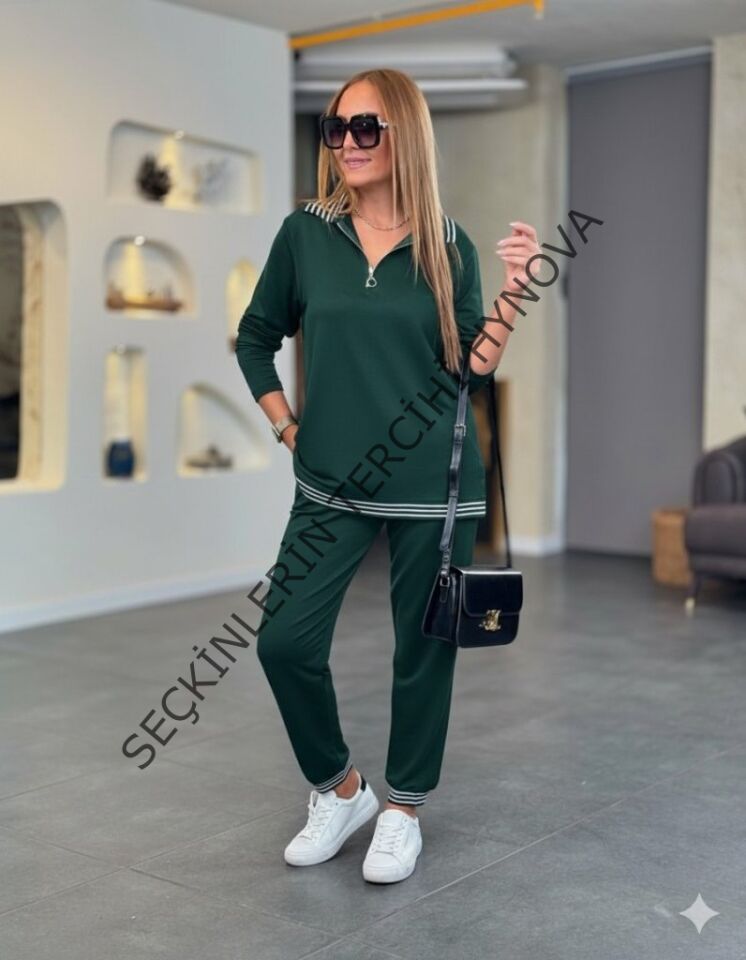 Kadın Uzun Kollu Fermuarlı şerit Detay Desenli Alt üst Ikili Viskon Iki Iplik Takım