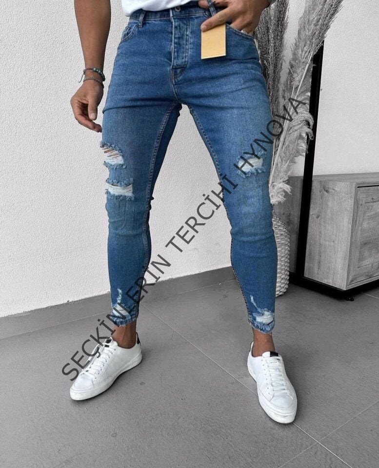 Erkek Mavi Yıkama Detaylı Skinny Jean
