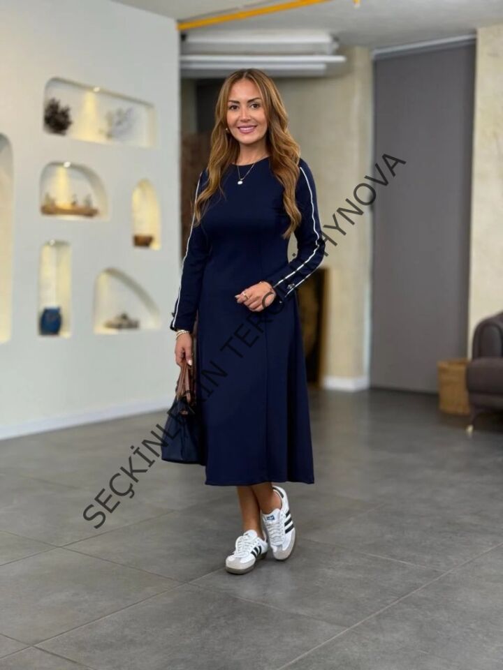 Kadın Uzun Kollu Bisiklet Yaka Midi Modal Elbise