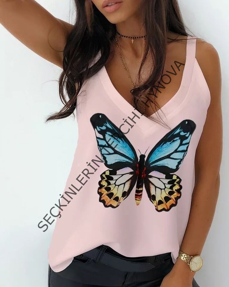 Kadın Kelebek Baskılı Sandy Kumaş Askılı Bluz