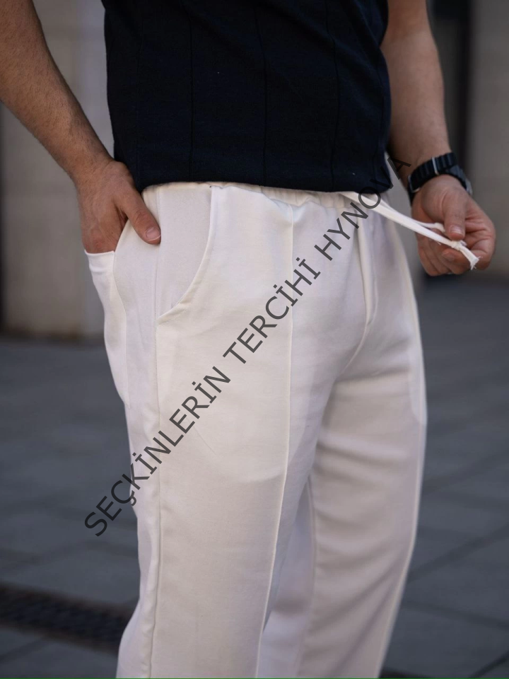 Erkek Keten Cepli Çıma Dikişli Jogger Buggy Pantalon Rahat Kalıp - Beyaz