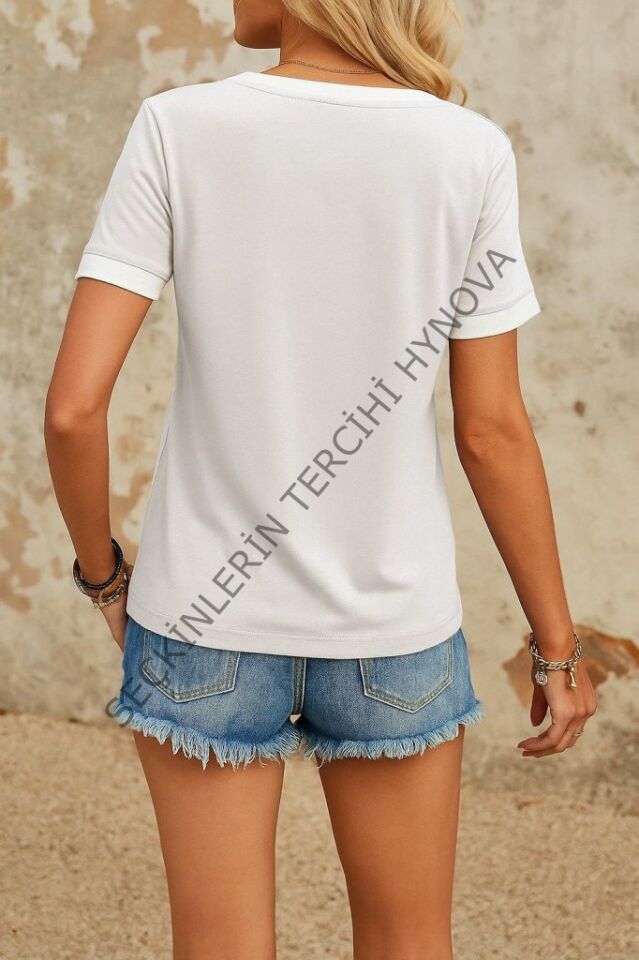 Kadın Kısa Kollu V Yakalı Viskon Bluz