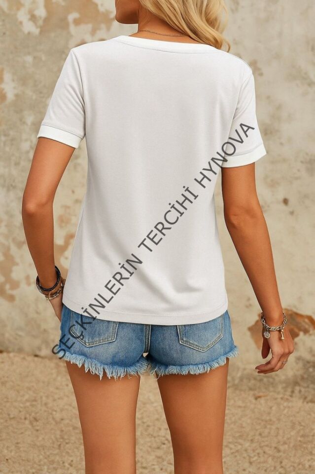 Kadın Kısa Kollu V Yakalı Viskon Bluz