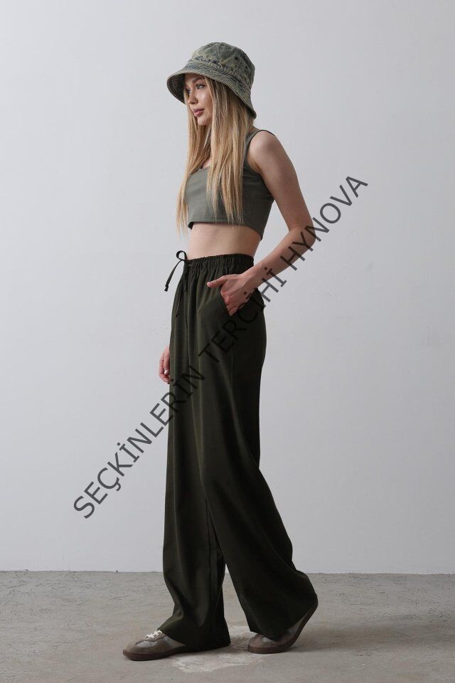 Beli Lastikli Bol Paça Pantolon - Koyu Haki