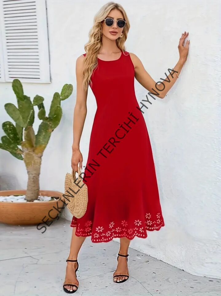 Kadın Kolsuz Etek Ucu Lazer Kesim çiçek Desenli Midi Boy Ithal Krep Elbise