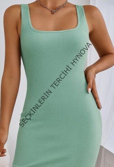 Kadın Askılı Kare Yaka Yandan Yırtmaçlı Midi Kaşkorse Elbise