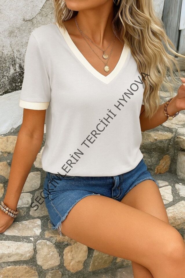 Kadın Kısa Kollu V Yakalı Viskon Bluz