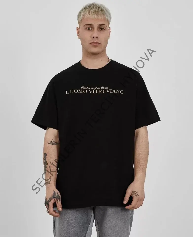 Unisex Bisiklet Yaka Baskılı Oversize T-Shirt - Siyah