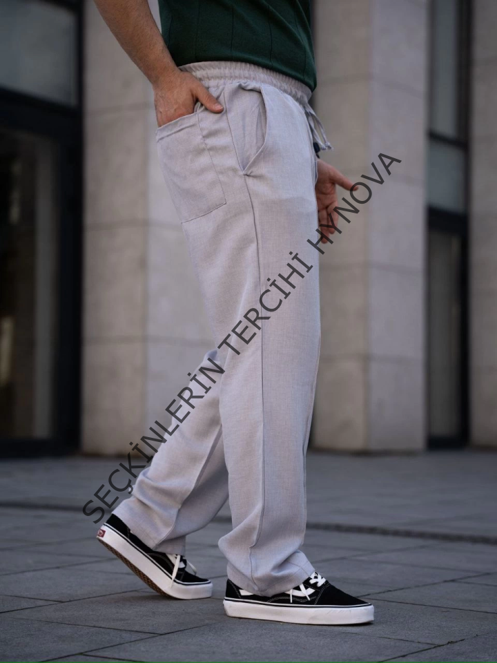 Erkek Keten Cepli Çıma Dikişli Jogger Buggy Pantalon Rahat Kalıp - Gri