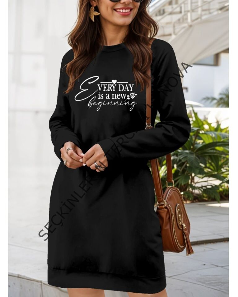 Kadın Uzun Kollu Bisiklet Yaka Kısa Viskon Iki Iplik Elbise