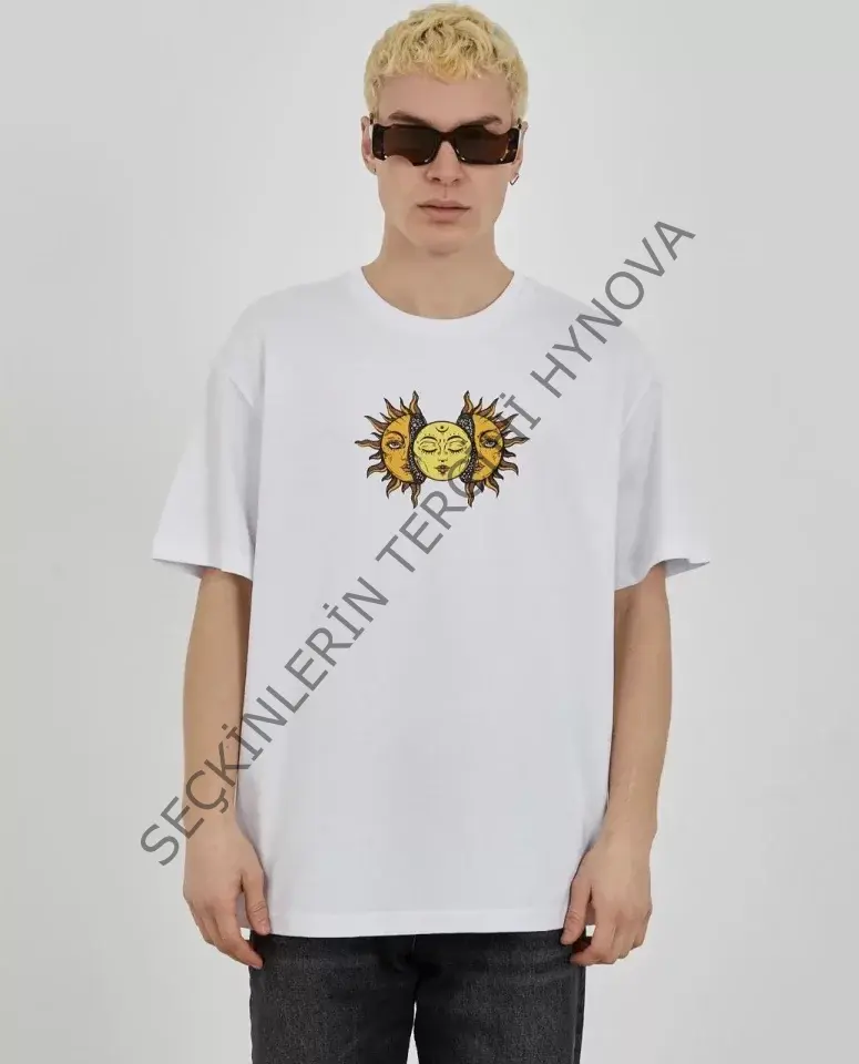 Unisex Bisiklet Yaka Baskılı Oversize T-Shirt - Beyaz