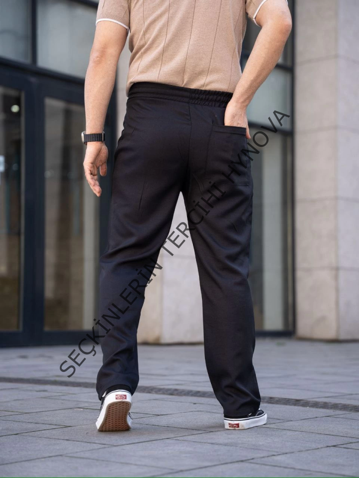 Erkek Keten Cepli Çıma Dikişli Jogger Buggy Pantalon Rahat Kalıp - Siyah