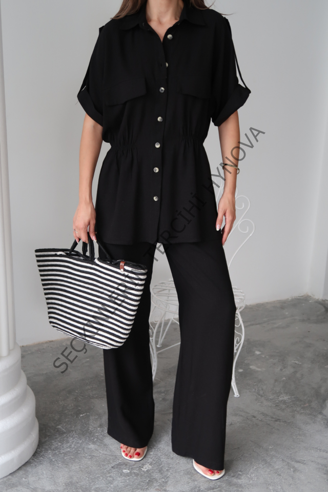 KETEN BELDEN BÜZGÜ DETAYLI GÖMLEK - PANTOLON TAKIM - Siyah