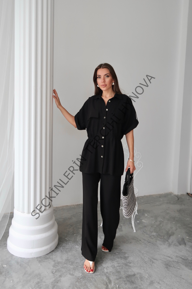 KETEN BELDEN BÜZGÜ DETAYLI GÖMLEK - PANTOLON TAKIM - Siyah