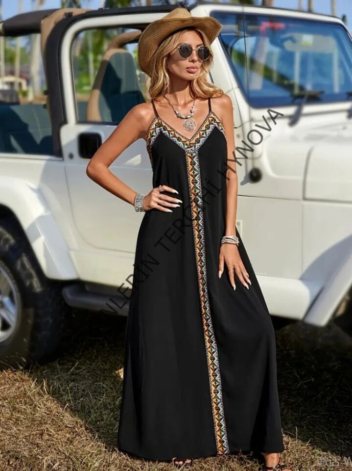 Kadın Askılı V Yakalı Etnik şerit Detaylı Uzun Viskon Elbise