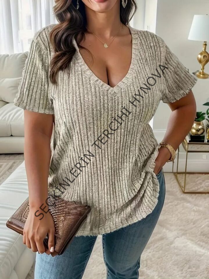 22Kadın Kısa Kollu V Yaka Fitilli Kaşkorse Bluz