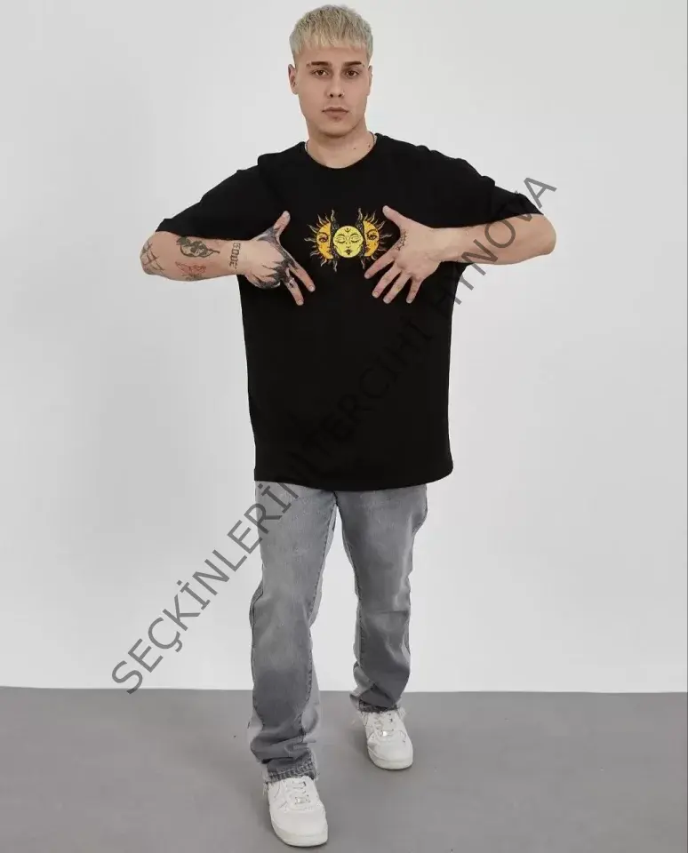 Unisex Bisiklet Yaka Baskılı Oversize T-Shirt - Siyah