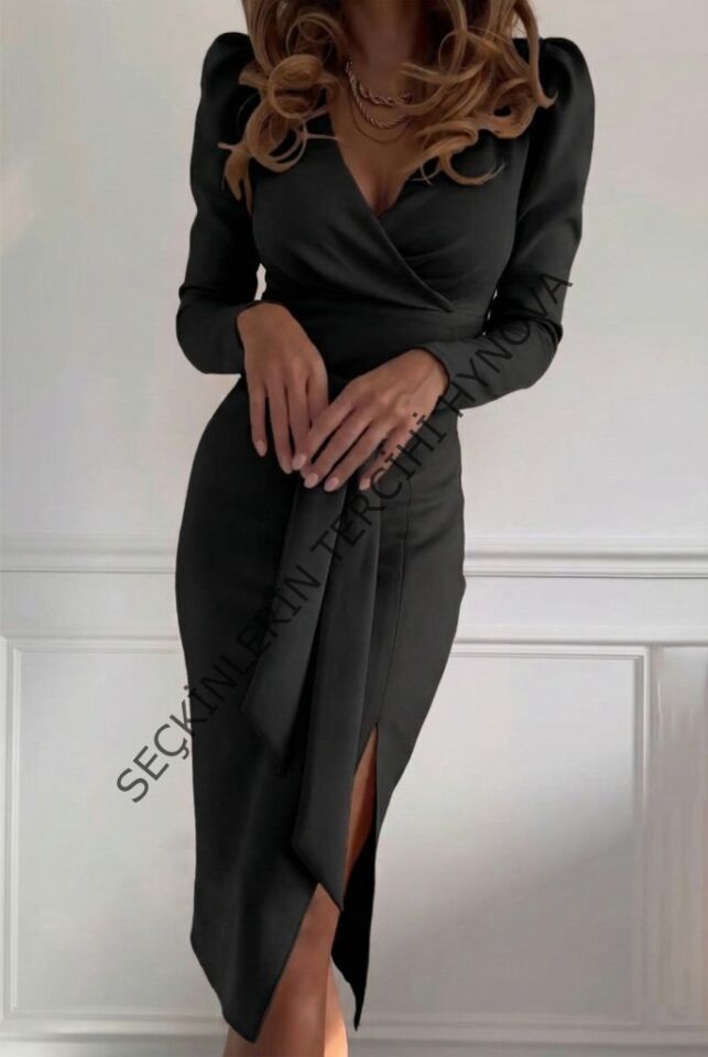 Kadın Uzun Kollu Kruvaze Yakalı Yandan Yırtmaçlı Belden Kuşaklı Midi Ithal Krep Elbise