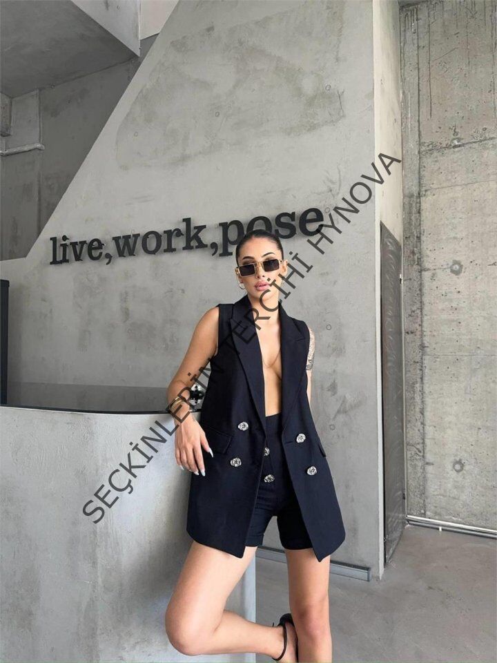 KETEN YELEK - ŞORT TAKIM - Siyah