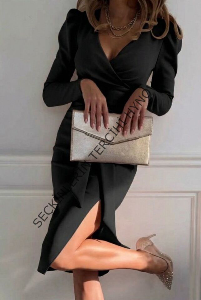 Kadın Uzun Kollu Kruvaze Yakalı Yandan Yırtmaçlı Belden Kuşaklı Midi Ithal Krep Elbise