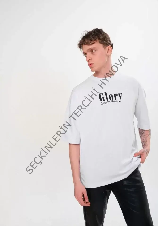 Unisex Bisiklet Yaka Baskılı Oversize T-Shirt - Siyah