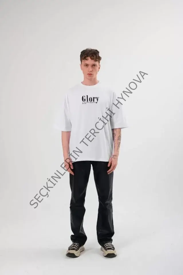 Unisex Bisiklet Yaka Baskılı Oversize T-Shirt - Siyah