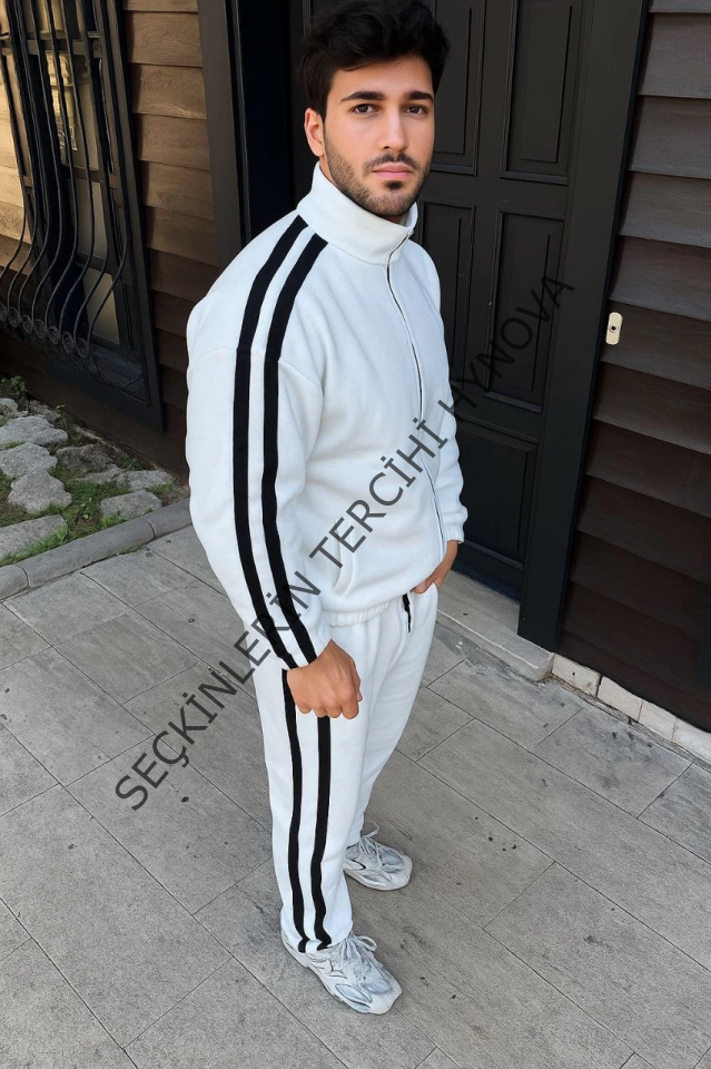 Erkek Çift Şeritli Eşofman Takım Dik Yaka Fermuarlı Sweatshirt Boru Paça Alt, Oversize 3 Iplik Pamuklu - Beyaz