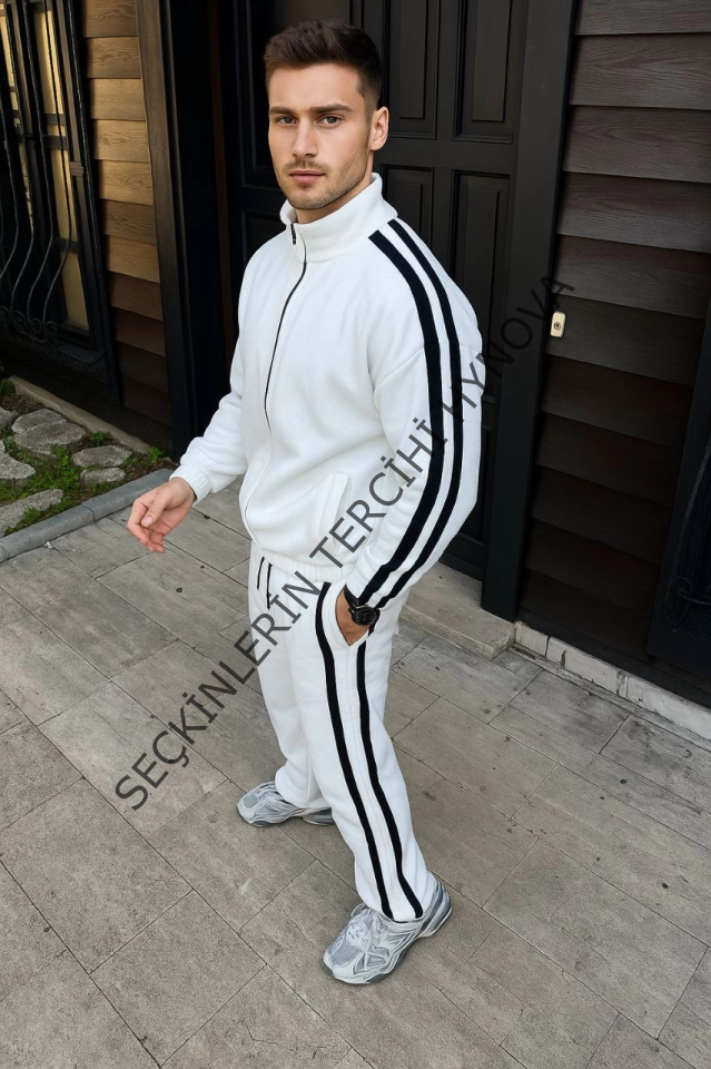 Erkek Çift Şeritli Eşofman Takım Dik Yaka Fermuarlı Sweatshirt Boru Paça Alt, Oversize 3 Iplik Pamuklu - Beyaz