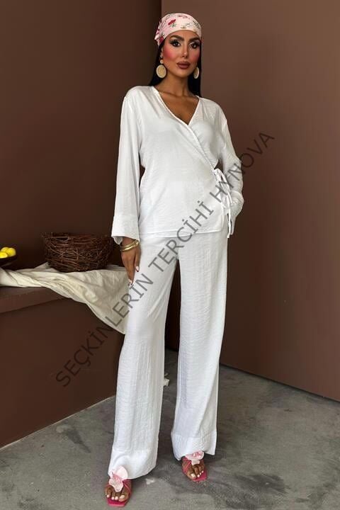 Kruvaze Model Klasik Pantolonlu Çupra Keten Takım 10191