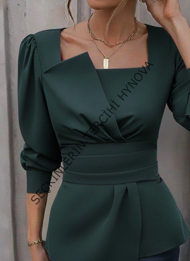 Kadın Uzun Kollu Geometrik Yakalı Belden Oturmalı Ithal Krep Bluz