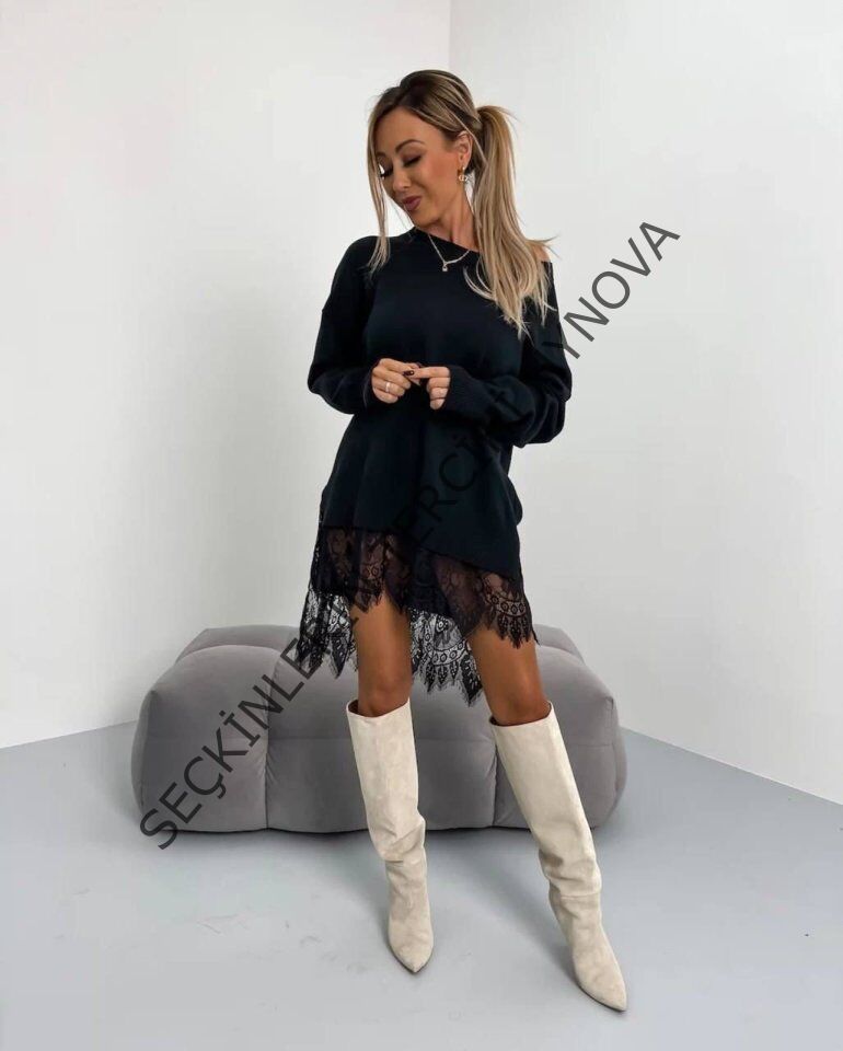 Kadın Uzun Kollu Kayık Yaka Peteği Dantel Güpür Detay 3 Iplik Kumaş Mini Elbise