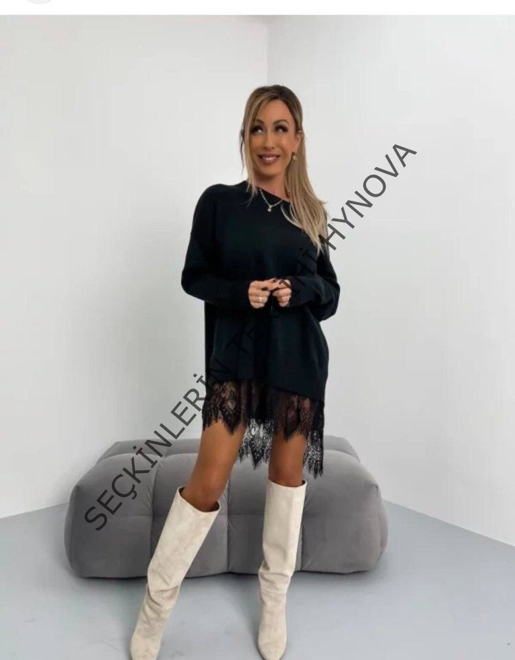 Kadın Uzun Kollu Kayık Yaka Peteği Dantel Güpür Detay 3 Iplik Kumaş Mini Elbise