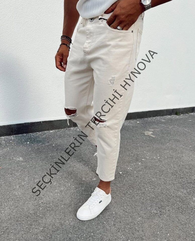 Erkek Açık Krem Yırtık Detaylı Boyfriend Jean