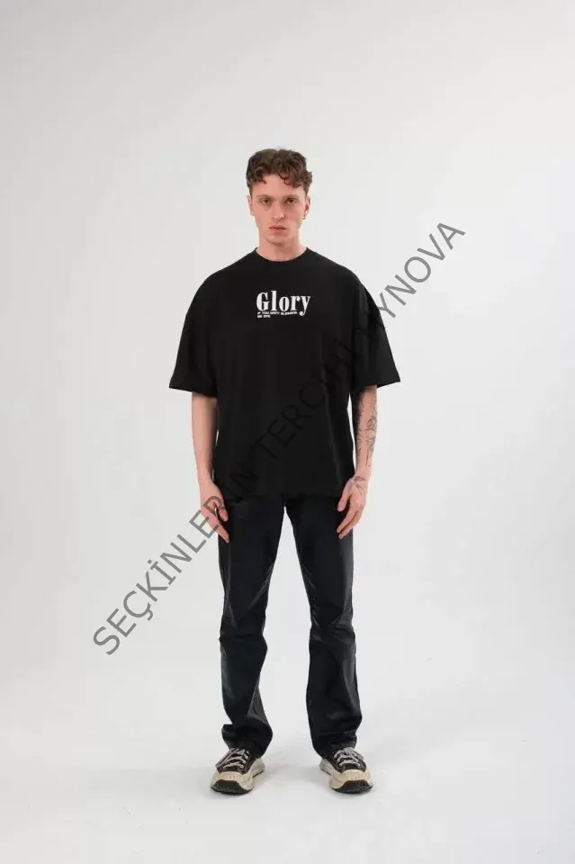 Unisex Bisiklet Yaka Baskılı Oversize T-Shirt - Siyah