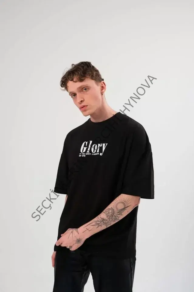 Unisex Bisiklet Yaka Baskılı Oversize T-Shirt - Siyah