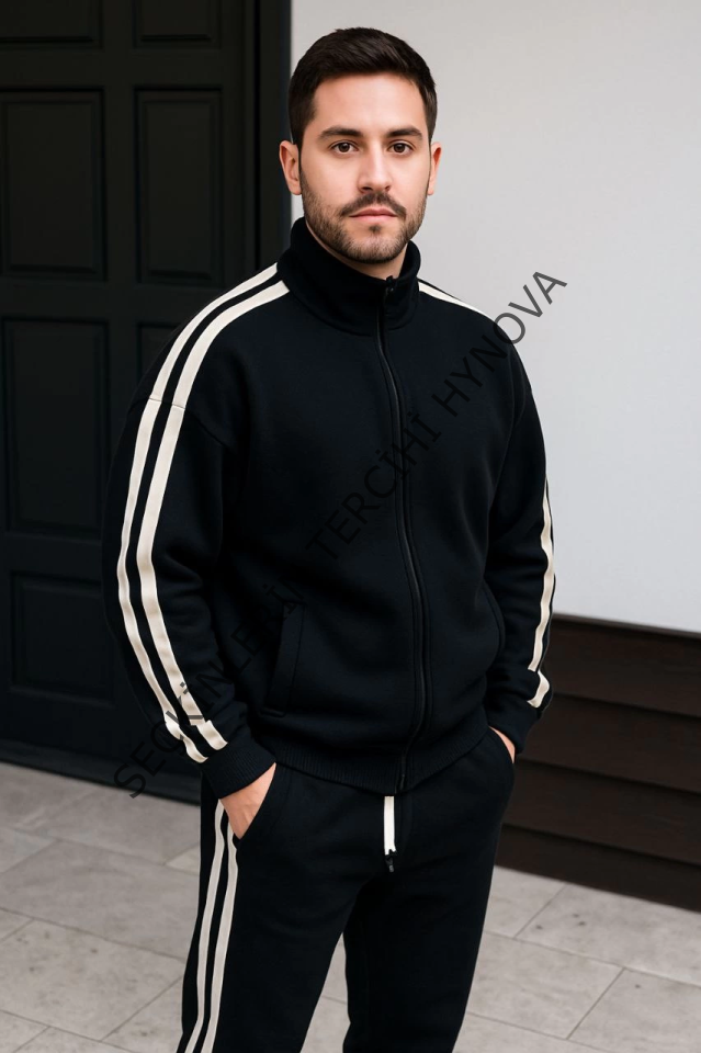 Erkek Çift Şeritli Eşofman Takım Dik Yaka Fermuarlı Sweatshirt Boru Paça Alt, Oversize 3 Iplik Pamuklu - Siyah