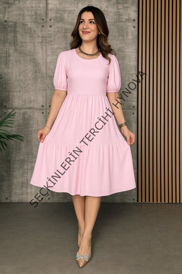 Kadın Kısa Kollu Yakası Açık Katlı Bürümcük Balon Elbise