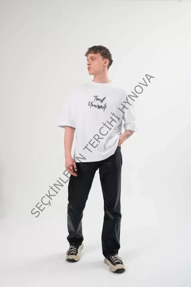 Unisex Bisiklet Yaka Baskılı Oversize T-Shirt - Beyaz